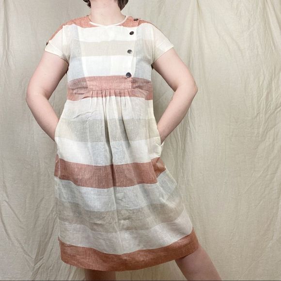 Vintage 70s Striped Buttons Pockets Summer Cap Sleeve Sheer A Line Linen Dress S - Picture 12 of 12